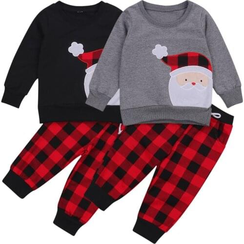 FOCUSNORM Autumn Winter Kids Boys Girls Christmas Pajama Sets Santa Plaid Print Long Sleeve Pullover Tops Pants Homewear