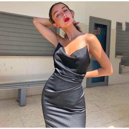 European and American Diamond Satin Spaghetti Strap Dress Women Black V-neck Temperament Slim Waist Mid-Length Package Hip Dress