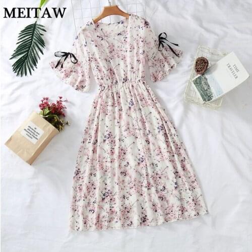 Plus Size Women Summer Chiffon Dress Elegant Floral Print Party Dresses 2021 Casual V-Neck Long Sleeve A-Line Midi Dress