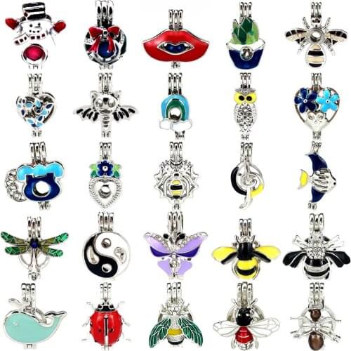 Mixed Colors Enamel Christmas Gift Animals Beads Cage Perfume Diffuser Pearl Cage Locket Pendant