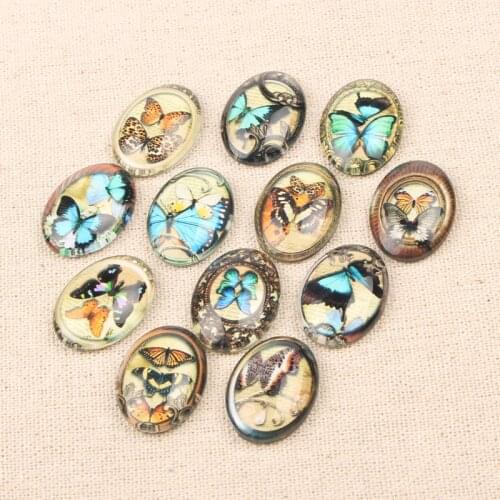 Reidgaller 20pcs 18x25mm vintage butterfly photo oval glass cabochon diy jewelry findings for pendant necklace making