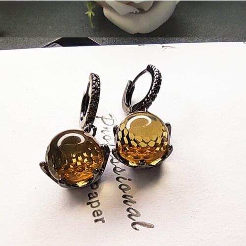 Topaz Bead Dangle Earrings Round Crystal Clip Circle Jewellery Black Plate High Quality Jewelry Gift for Women