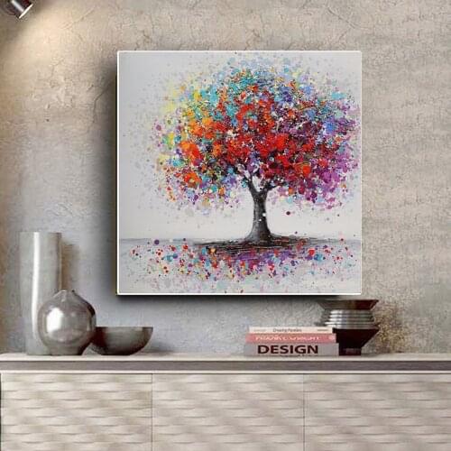 Bright Colorful Big Tree Hand-painted Tree Canvas Painting Posters and Prints Wall Art Pictures for Living Room Home Decoration