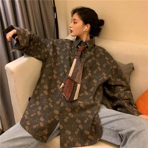 Blouse Women New Fashion Spring Autumn Vintage Chiffon Full Print Turn-down Collar Loose Women Clothing (No Necktie)