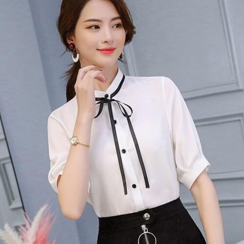Women Half Sleeve Chiffon Shirt Office Ladies Pure Color Bowknot Blouses Female Spring Summer Korean Stand Collar Slim Top H9077