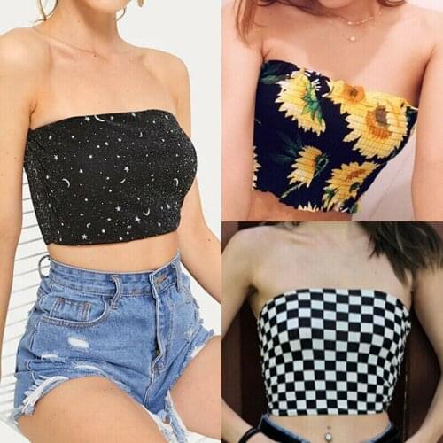 Women Floral Elastic Tube Tops Bra Blouse Off Shoulder Strapless Crop Tops Shirt
