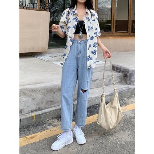 WITHZZ Summer Autumn Womens Straight Elastic Waist Ripped Hole Denim Trousers Female Casual High-rise Jeans