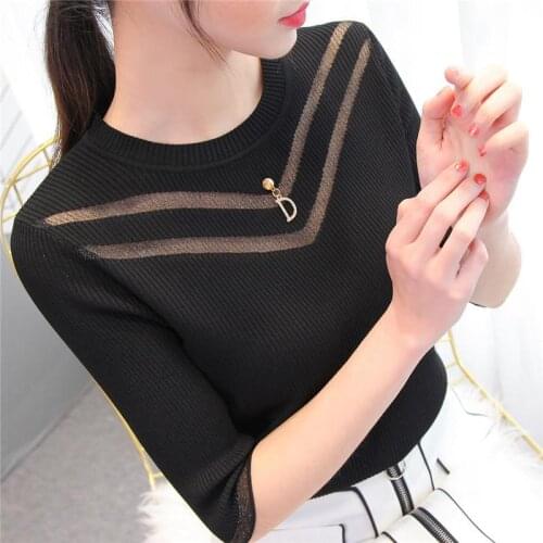 Womens Spring Summer Style Chiffon Blouses Shirt Womens Solid Color O-neck Knitted Half Sleeve Patchwork Elegant Tops SP086