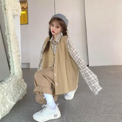 Sets Women Spring Korean Style Retros Plaid Shirts Loose Tops Single Breasted Outwear Vest Fashion Wide Leg Three Piece Outfits