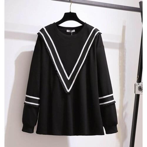 Oversized womens autumn cotton knitted sweatshirt bust 157cm 6XL 7XL 8XL 9XL 10XL korean style loose striped black sweatshirt