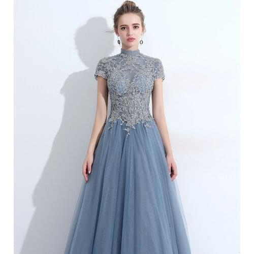 High Neck Appliques Short Sleeves Light Blue Floor-Length Formal Gown Women Elegant Criss-Cross Straps Illusion Evening Dresses
