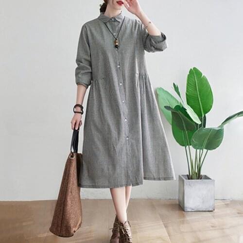 Korea Style Plaid Vintage Blouse Dress 2021 New Arrival Long Sleeve Spring Dress Cotton Linen Women Travel Casual Autumn Dress