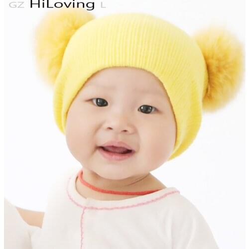 GZhilovingL Baby Girls Boys Winter Beanie Hat Fox Fur Pompom Knitted Hat For Kids Child Soft Warm Cotton Double Fur Gorros Caps