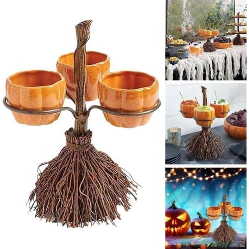 3/4/6pc Halloween Pumpkin Snack Bowl Rack Resin Fruit Bowl With Wooden Holder Candy Serving Plate Bowl Kitchen Party Food Tray