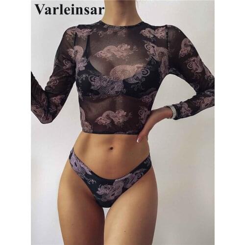 2021 Dragon Printed Bikini Women Swimwear Female Swimsuit Three-Pieces Bikini Set Long Sleeve Thong Bather Bathing Suit V2693