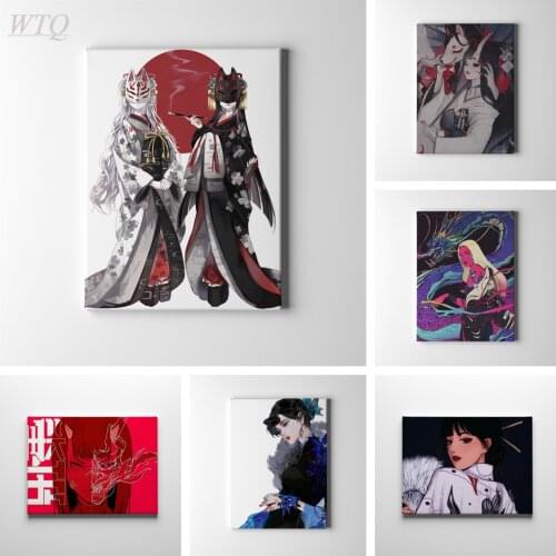 Anime Illustration Girl Japanese Geisha Fox Mask Anime Posters Wall Poster Canvas Painting Wall Decor Wall Art Picture Home Deco