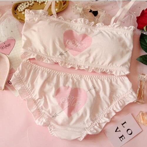 White pink Japanese Soft Girls Sweet Arrow Bra Suit with Ring-less Underwear for Development Period GZ-T13