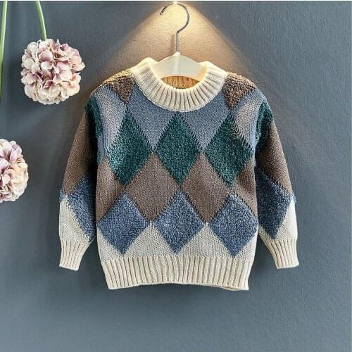 Baby Kids Tshirt Sweater Geometric Triangle Rectangle Match Style Little Boy Outfit O-Neck Knitted Clothes for 2T-6T