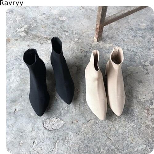 Elastic Knitting wool Woman Ankle Boots breathable nice womens Short Boot Pointed Toe Slip-on Female Shoe Autumn Winter Outfit
