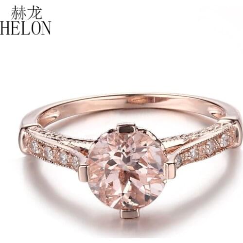HELON Real 14K Rose Gold Flawless Round 7mm Genuine Morganite & Diamond Engagement Ring Women Vintage Antique Style Fine Jewelry