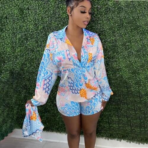Hipster Aesthetic Print Two Piece Outfits Summer Outfits Women Long Sleeve Blouse Shirts and Beach Biker Short Matching Suits