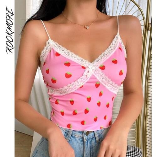 Rockmore Lace Camis Summer Tops For Women 2020 Strawberry Print Harajuku Korean Cute Low Cut Sexy Crop Tank Top Skinny Clubwear