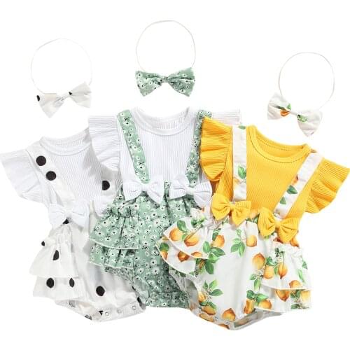 Citgeett Summer Sweet Style Infant Baby Girls Outfit Floral/Lemon/Dot Printing Fly Sleeve Splicing Bodysuit + Bow Headwear Set