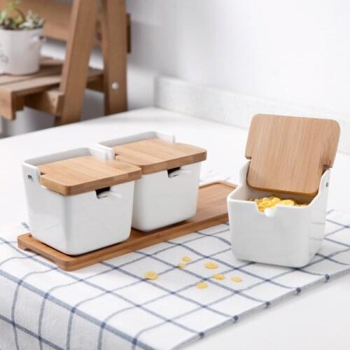 Japanese Style Household Ceramic Spice Bottle Set Seasoning Box Kitchen Salt Shaker with Bamboo Lid Spoon Square Storage Product