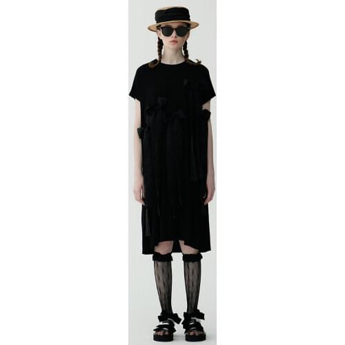 Imakokoni original black mesh bow tie short-sleeved T-shirt skirt was thin female summer thin section 213341
