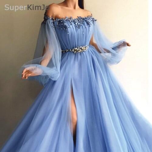 SuperKimJo Long Sleeve Beaded Prom Dresses 2020 Arabic Style Blue Tulle Applique Prom Gown with Side Slit Robe De Soiree