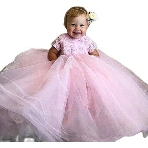 Pink Baby Flower Girl Pageant Dresses Wedding First Holy Communion Dresses Jewel Neckline Short Sleeves Lace Kids Party Gown