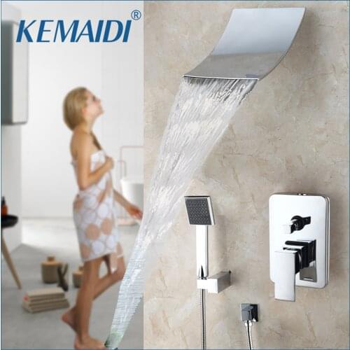 KEMAIDI Waterfall Shower Faucet Set With Hand Spray Chrome Finish Wall Mount Shower Mixer Taps Solid Brass Shower Set