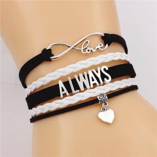 7 Colors New Fashion Antique ALWAYS alphabets Leather Bracelets Heart charm Vintage Jewelry Gift for Women Men
