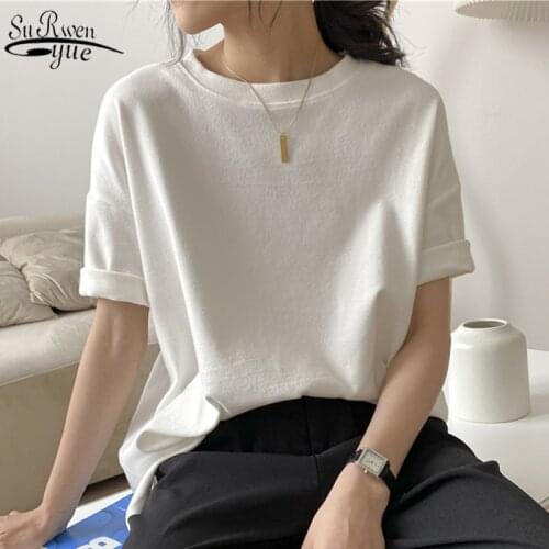 2021 Summer Oversize T Shirt Womens Loose Streetwear T-shirts Basic Long T-shirt Tee Tops Solid O-neck Ladies Clothes 9867