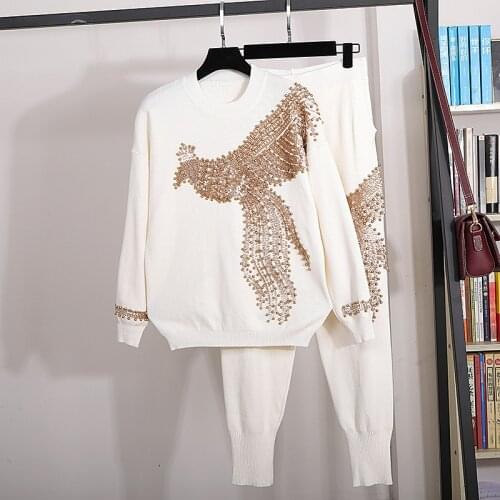 Autumn Winter Women Outfits Fashion Sequins Beading Phoenix Long Sleeve Knitted Sweater + Harlan Feet Pants Two Piece Set H1591