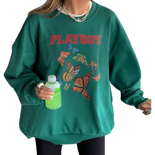 IMCUTE 2021 New Womens Fashion Loose Letter Butterfly Print Long Sleeve Sweater Y2K Street Casual Round Neck Sweater Pullover