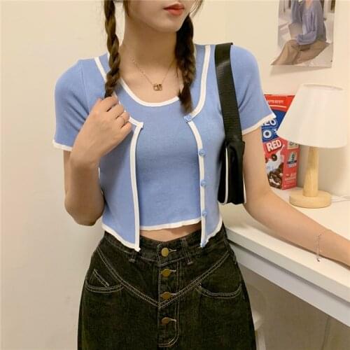 Girls O-neck Short Sleeve Casual Cropped Sweater Shirts Womens Buttons Patchwork Vintage Thin Sweater Pullover Crop Tops