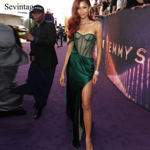 Sevintage Mermaid Sweetheart Satin Prom Dresses One Shoulder Slit Side Evening Gowns Ruched Women Party Dress Vestido De Festa