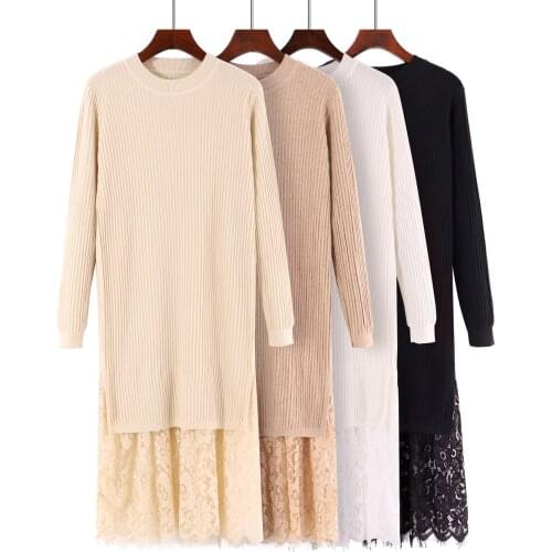 Women Long Straight Dress Autumn Winter Lace Stitching SweaterKnitted Dresses Maxi Retro Lady Ribbed Robe Pullover Dres