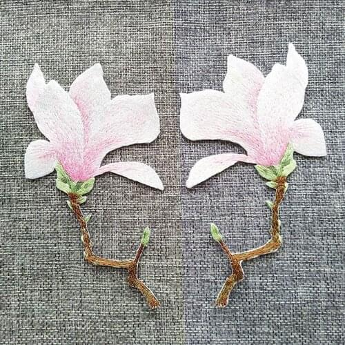 1pair Magnolia Flower Applique Embroidered Iron-on Patches Flower Sticker For Clothes Bag Craft Repair Diy Home Decoration