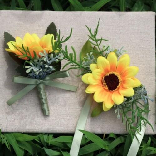 1PC Artificial Sunflower Groom Boutonniere Men Corsage Women Wrist Corsage Yellow Bridal Hand Flowers Wedding Party Decoration