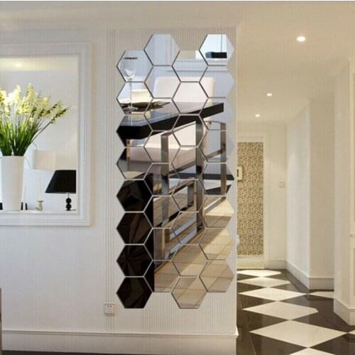 12Pcs Hexagon Mirror Sticker Self-adhesive Tiles Bathroom Decorative Mirror Stickers Decor Bathroom Modern Accessories