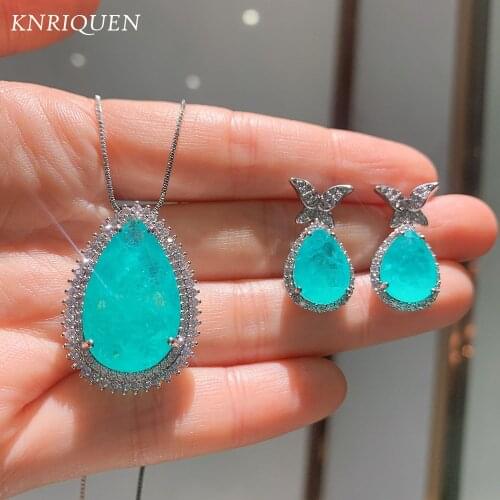 2021 925 Sterling Silver Paraiba Tourmaline Blue Stone Aquamarine Diamonds Necklace Earrings Wedding Jewelry Sets for Girlfriend