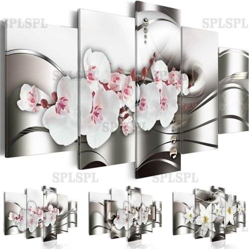 5 Pieces White Pink Orchids Blossom Posters Canvas Painting Pastel Flower Wall Art Pictures for Living Room Bedroom Decor