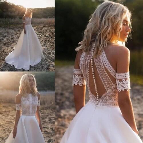 Bohemian Boho Lace Wedding Dresses 2021 robe de mariee Country Style A Line Satin Wedding Gowns Custom Made Sheer Bridal Dress