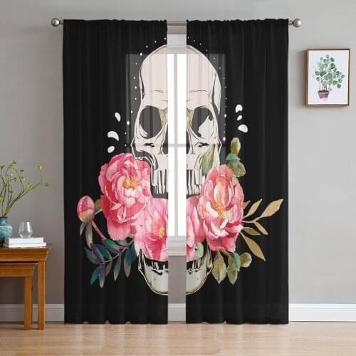 Skull Flowers Black Sheer Curtains for Living Room Bedroom Kitchen Chiffon Tulle Curtains Home Hotel Coffee Decor
