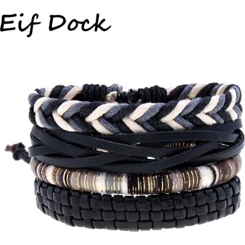 Eif Dock 4pcs/Set Weave Wrap Leather Men Bracelets for Women Bangles Femme Homme Male Jewelry Pulsera Hombre Erkek Bileklik