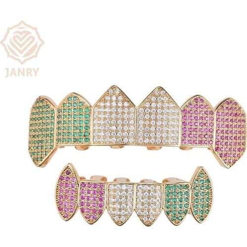 JANRY Men Teeth Grillz Hip Hop Gold Teeth Top Bottom Micro Pave CZ Stone Vampire Teeth Set Cosplay Party Body Jewelry Gifts
