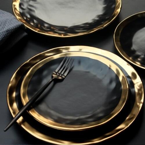 Ceramic food dish plate household pottery irregular dish salad platter black gold dish dinnerware Ceramic plate dropshipping