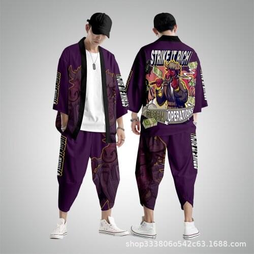 Men Japanese Kimono Summer Haori Asian Clothes Retro Male Yukata Wear Loose Thin Blouse Top Robe Pant Set Costume